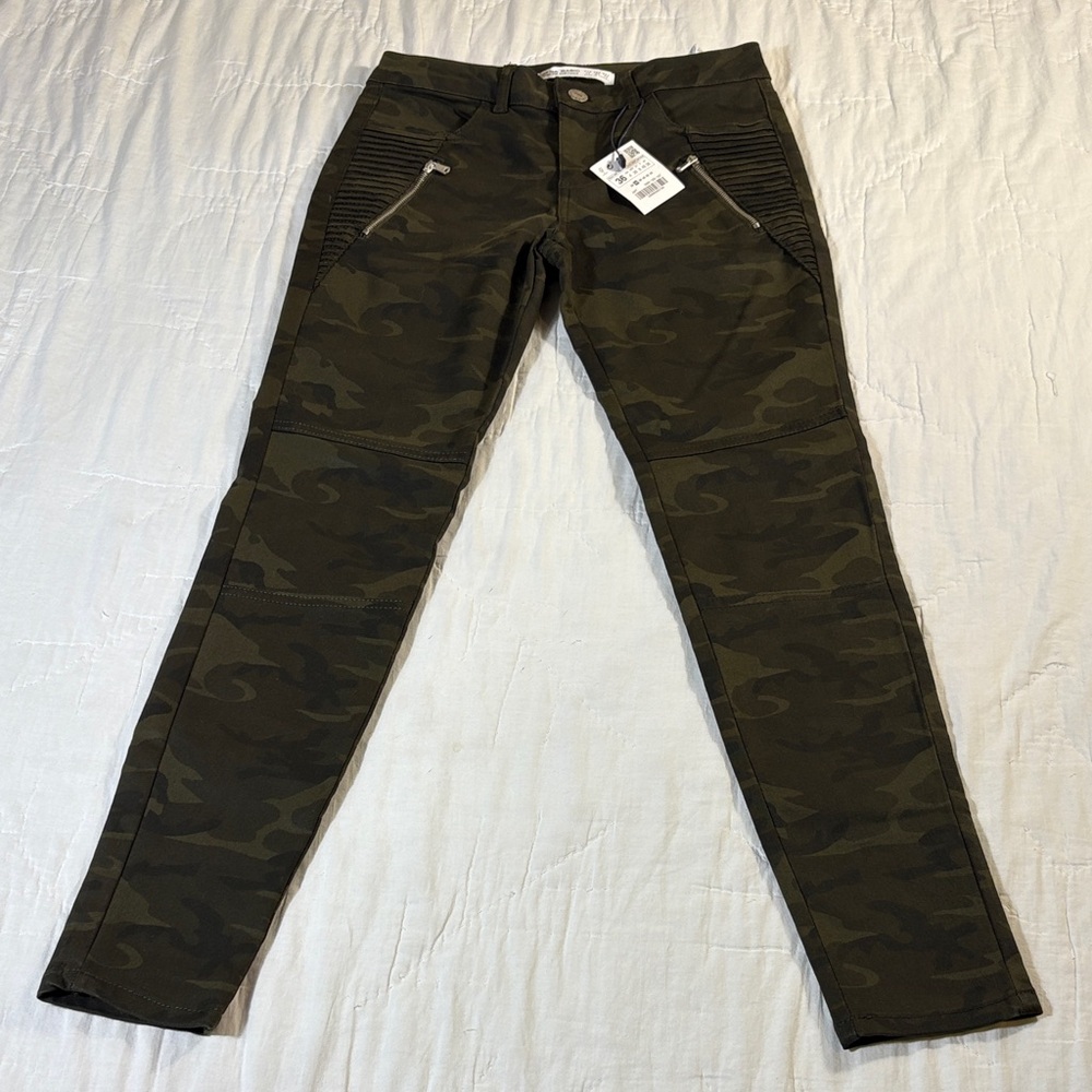 Zara Basic Women’s Camo‎ Moto Skinny Jeans - Olive Green Biker Pants Size 4 NWT